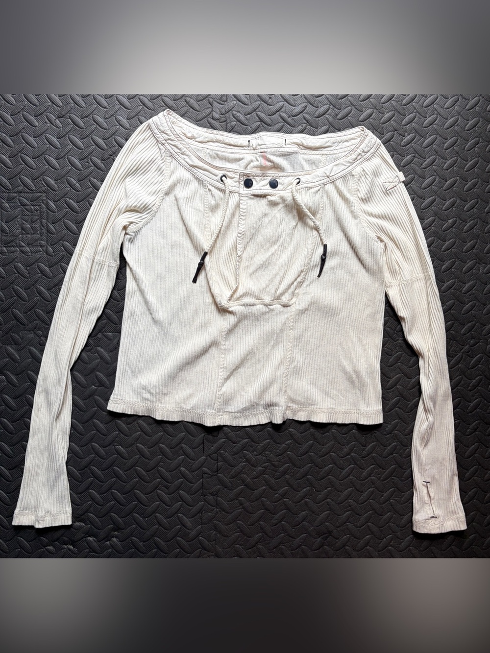 FP Movement by Free People Cream Ribbed Off-Shoulder Drawstring Long Sleeve Top